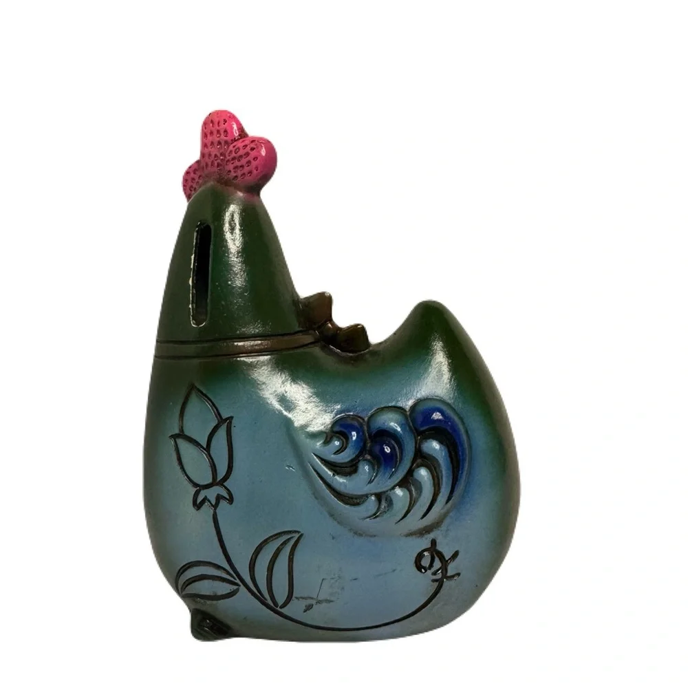 Chicken Feed Vintage Funky Whimsical Hen Chicken Coin Bank Bow Flowers 6.5” Tall - Picture 4 of 12